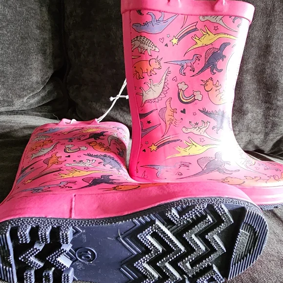 Pink dinosaur rubber pull on rainboots - Picture 3 of 5